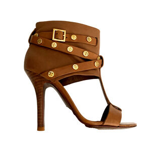 Tory Burch Brown Leather Honey T Graham T-Strap Bootie Sandal Open Toe Tan 5 M